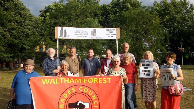 Campaigners are protesting plans for four high-rise tower blocks in Walthamstow Town Square.